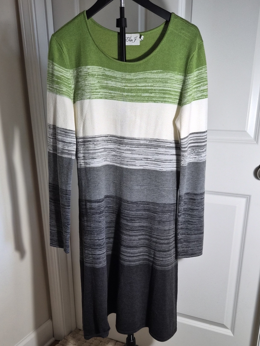 Eliza J Long-Sleeve Striped Knit Sweater Dress in Green, White and Gray